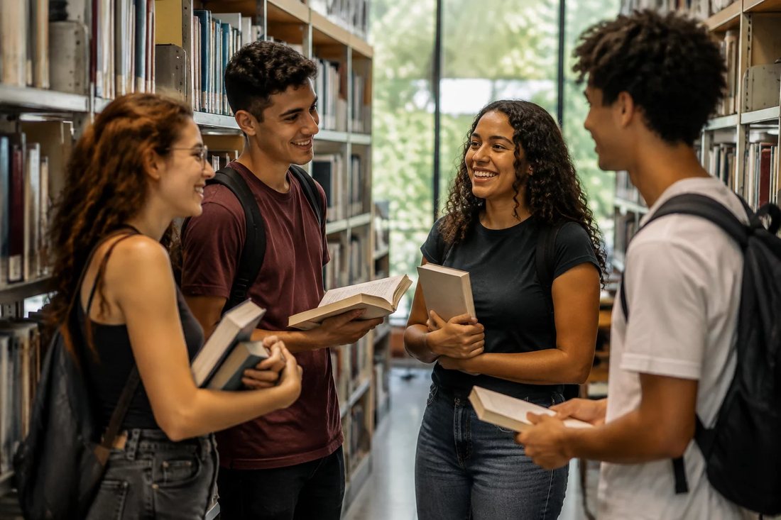 Alunos conversando em pé no corredor entre as prateleiras de uma biblioteca
